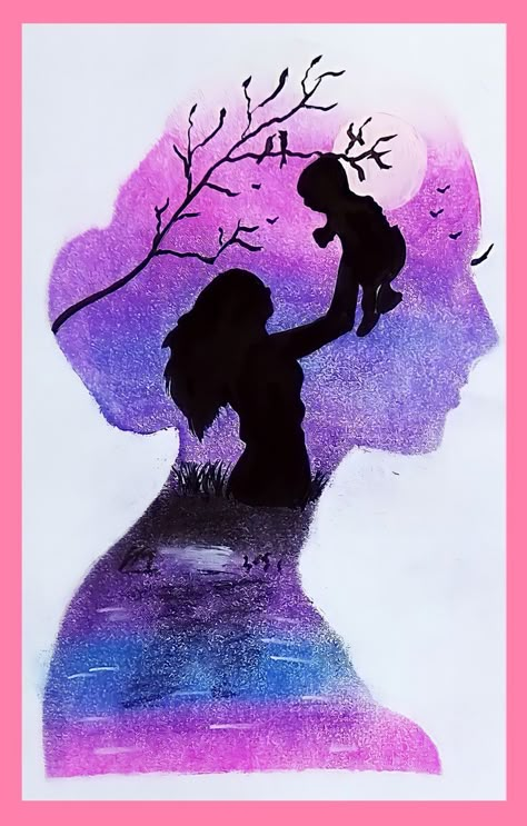 Acrylic Painting For Mothers Day, Womens Day Drawing Ideas Easy, Mothers Day Drawings Art Paintings, Canvas Painting Ideas Easy, Mothers Day Drawings, Canvas Painting Projects, Watercolor Silhouette, Mother Painting, Painting Ideas Easy