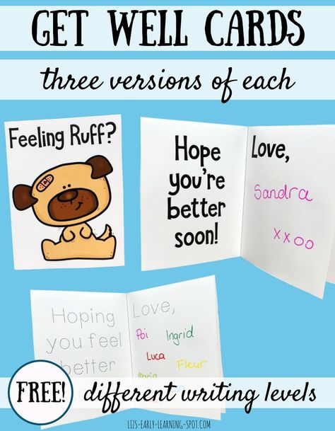 Where are the Get Well cards when you need them? If you ever want your kids to write get well cards, why not keep these filed away so they're ready to go when the time comes? Four cards to choose from Feeling ruff? Hope you're better soon. Get well soon. Miss you! Hang in there! Get Well Cards For Kids, Free Get Well Cards, Counselling Activities, Free Educational Printables, Get Well Wishes, Free Printable Cards, Printables Free Kids, Alphabet Activities Preschool, Counseling Activities