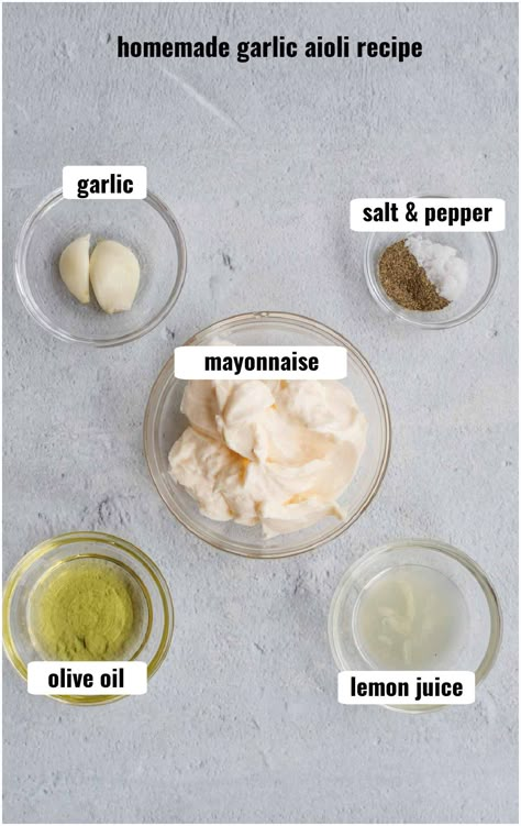 These simple ingredients make the most delicious garlic aioli. This sauce will have you want to dip everything in it. Calamari Dipping Sauce Aioli, Aloi Sauce Garlic Aioli, How To Make Garlic Aioli Sauce, Aioli Recipe Easy Mayo, Aioli Recipe Easy, Cilantro Aioli, Aioli Sauce Recipe, Hummus Sauce, Garlic Aioli Recipe