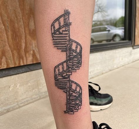 Staircase Tattoo Design, Spiral Staircase Tattoo, Spiral Staircase Drawing, Staircase Tattoo, Practice Tattoos, Art Inspired Tattoos, Doodle Journal, Tattoo Dark, Funky Tattoos