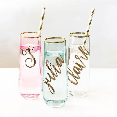 Personalized Bridesmaid Gift Pink Glasses Mint Glasses Gold Rim  Glasses Bridesmaid Champagne Flutes Personalized Wine Glasses (EB3210) Bridesmaid Champagne Flutes, Bridesmaid Glasses, Gold Rimmed Glasses, Wedding Centrepiece, Stemless Champagne Flutes, Personalized Champagne Flutes, Champagne Bridesmaid, Personalized Wine Glasses, Creative Diy Gifts