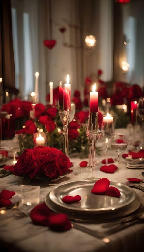 Valentine’s Day Wedding, Valentines Day Dinner Party, Valentines Day Wedding Ideas, Candle Light Dinner Ideas, Romantic Dinner Setting, Dreamy Lighting, Romantic Candle Dinner, Red Events, Romantic Dinner Decoration