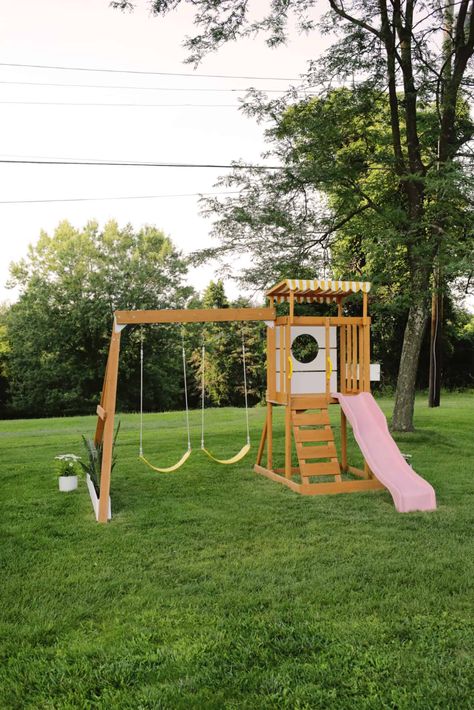 Wooden Play Set Makeover, Big Kitchen Windows, Backyard Play Ideas, Diy Play Set, Outdoor Play Set, Wooden Play Set, Backyard Playset, Diy Mid Century, Wooden Playground