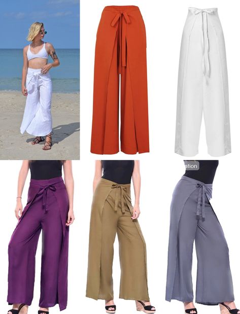 Palazzo Beach Pants, Wrap Trousers Outfit, Plazo Designs, Wrap Pant, Wrap Trousers, Split Pants, Pants Boho, Pant Women, Trouser Outfit