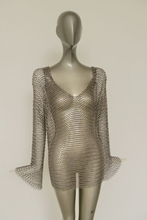 1970s Chain mail mini dress/shirt. Chainmail Clothing, Mail Dress, Chainmail Shirt, Armor Dress, Chainmail Dress, Chain Dress, Mesh Shirt, Metal Fashion, Dress Aesthetic