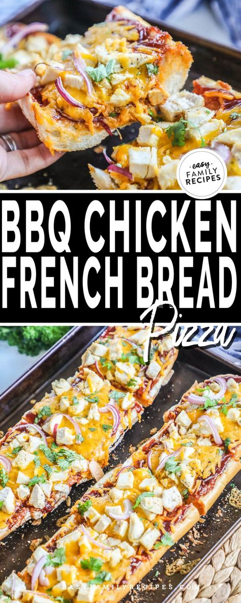 Ty this super simple weeknight barbecue chicken pizza. It is gooey and cheesy, filled with everyone's favorite BBQ flavors, and ready in 30 minutes. Mix it up and get the whole family involved by adding their favorite toppings! With multiple ways to make this pizza and nearly no prep, it is sure to be a family favorite! Chicken French Bread Pizza, Chicken French Bread, Chicken French, Barbecue Chicken Pizza, Easy Bbq Chicken, Chicken Pizza Recipes, French Bread Pizza, Bbq Chicken Recipes, Bbq Chicken Pizza