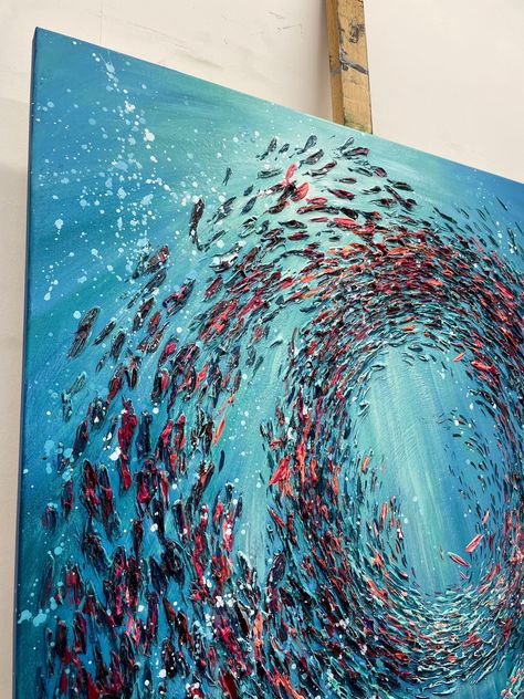 OCEANIC SYMPHONY by Anna - 54x40 | 137x102 cm / Stretched + Natural Wood Frame -  #137x102 #54x40 #Anna #Frame #natural #Oceanic #Stretched #Symphony #Wood Abstract Fish Painting, Fish Paintings, Handmade Wall Decor, Water Animals, Stretched Painting, Nature Artwork, Paintings On Canvas, Typography Wall Art, Fish Painting