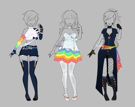 Lgbtq+ baby! No matter what!!!!!!!!!!!!!!!!!!! Rainbow Outfit Drawing, Rainbow Hair Character Design, Rainbow Outfit Ideas, Rainbow Character Design, Character Costume Design, Rainbow Character, Design Outfit, Manga Clothes, Clothing Sketches