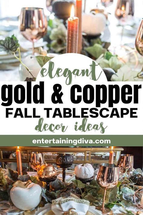 I LOVE this gold and copper fall tablescape. It's so elegant and I got some great ideas for autumn dinner party table settings. Copper Table Decor, Copper Table Setting, Copper Tablescape, Fall Dinner Parties, Table Setting Fall, Autumn Table Setting, Fall Table Setting, Copper Fall, Dinner Party Table Settings