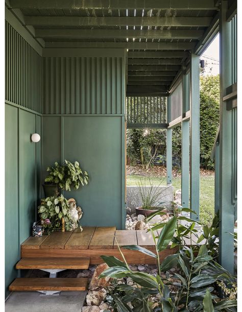 A Queenslander Turned Multigenerational, Japanese-Inspired Home Modern House Green Exterior, Japanese Inspired Design, Queenslander Exterior, Queenslander Homes Exterior, Japanese Cottage, Modern Queenslander, Queenslander Renovation, Japanese Inspired Home, Exterior House Design