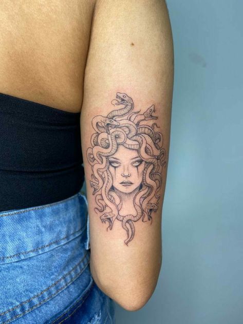 Medusa Tattoo Shoulder Women, Medusa Shoulder Tattoos For Women, Medusa Tattoo Placement, Tattoo Ideas Female Medusa, Medusa Tattoo On Arm, Medusa Tattoo Fine Line, Medusa Shoulder Tattoo, Medusa Tattoo Forearm, Medusa Tattoo Arm