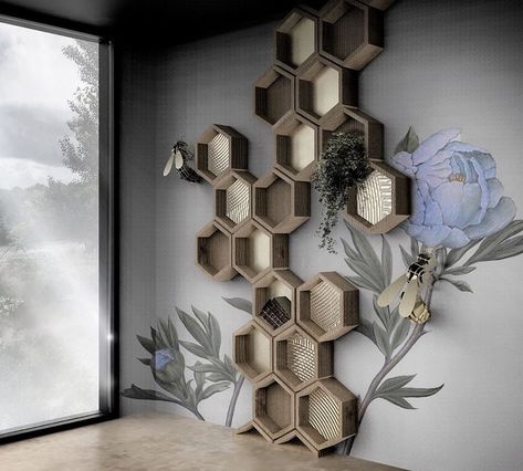 Beehive Bookshelf, Honeycomb Furniture Design, Honeycomb Bookshelf, Honeycomb Headboard, Bee Pictures Art, Living Room Lighting Ideas, Room Lighting Ideas, Accent Wall Designs, Living Room Design Inspiration