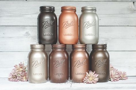 Top Row: Left to right- Oil Rubbed Bronze, Krylon Copper, Satin Nickel.  Bottom row: Left to right- Champagne Mist, Flat Burnished Amber, Aged Copper, Flat Chestnut. Metallic Spray Paint Colors, Rustoleum Metallic, Copper Spray Paint, Rustoleum Spray Paint, Spray Paint Colors, Glitter Mason Jars, Metallic Spray Paint, Gold Spray Paint, Spray Paints