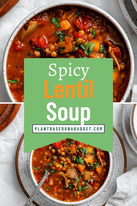 Spicy Lentil Soup Spinach Lentil Soup, Spicy Lentil Soup, Tomato Lentil Soup, Tomato Lentils, Vegan Lentil Soup, Vegetarian Foods, Lentil Soup Recipes, One Pot Meal, Vegan Soup Recipes