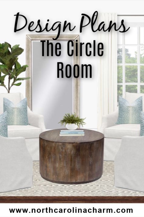 Check out our design plans for our circle room Four Chair Conversation Area Small Space, Conversation Areas With 4 Chairs, 4 Chairs Sitting Area, Circle Room, Large Living Room Layout, Tv Room Decor, Custom Floor Plans, Living Room Arrangements, Mirrored Console Table