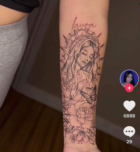 Rose Mary Tattoo, Virgin Mary Tattoo For Women, Virgen De Guadalupe Tattoo Ideas, Christian Sleeve Tattoos For Women, Latina Tattoo, Virgen Mary Tattoo, Arm Tattoos Drawing, Small Girly Tattoos, Palm Tattoos