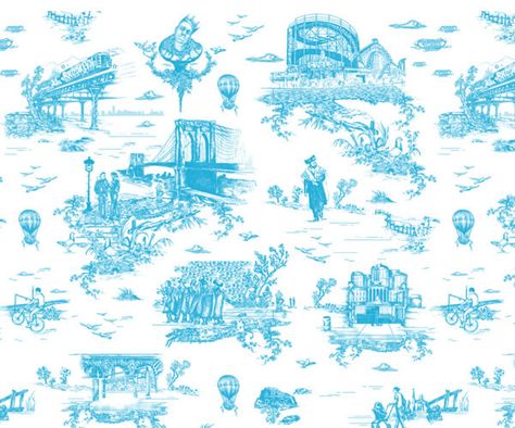 Brooklyn Toile by Beastie Boys' Mike D - Neatorama // "...Mike came up with a design featuring scenes from the daily life in Brooklyn: the Brooklyn Bridge, Coney Island Cyclone, Notorious B.I.G., pigeons and Hasidic Jews" Austin Hotels, Toile Wallpaper, Paper City, Harbour Island, How To Install Wallpaper, Beastie Boys, Home Wallpaper, Wallpaper Samples, Digital Wallpaper