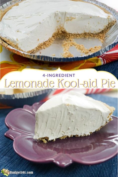 lemonade kool aid pie pin Lemonade Pie No Bake Condensed Milk, Kool Aid Pie, Kool Aid Pie Recipe, Lemonade Pie Recipe, Peach Mango Pie, Butterscotch Pie, Lemonade Pie, Living Frugal, Baked Dessert