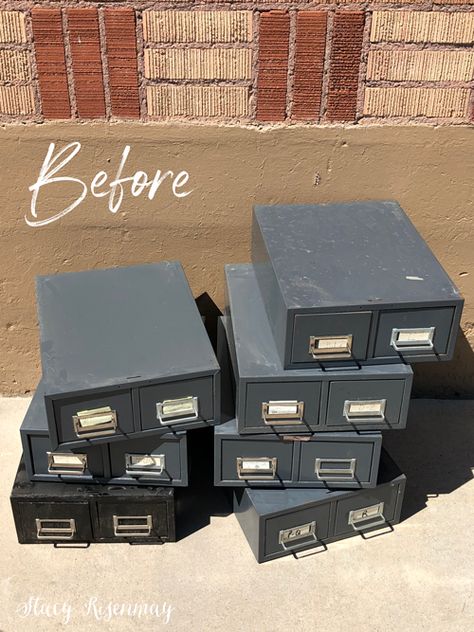 Metal Card Catalog Makeover! #yellow #mustard #cardcatalog #diy #furniture #metalcardcatalog #makeover #cardcatalogpainted #paint #mustardyellow Vintage Metal Card Catalog, Card Catalog Drawers Repurposed, Vintage Metal Cabinet Makeover, Metal Card Catalog Repurposed, File Cabinet Drawers Upcycle, Wood Filing Cabinet Makeover, Old Filing Cabinet Ideas, Metal Drawers Repurposed, Repurpose File Cabinets Ideas