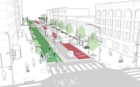 Downtown 1-Way Street | NACTO City Transportation, Urban Mapping, Urban Spaces Design, Landscape Architecture Graphics, Streetscape Design, Urban Design Diagram, Walkable City, Urban Design Graphics, Urban Intervention