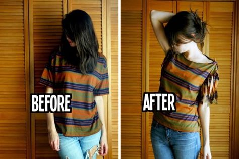 Refashion T-shirts into tops | www.FabArtDIY.com - Part 2  #fashion, #nosew, #refashion, #restyle, #t-shirt, #diy T Shirt Restyle, Transforming T Shirts, Restyle T Shirt, T Shirt Alterations Diy, T Shirt Alterations, Refashioned Tshirt, T Shirt Refashion, T Shirt Remake, Shirt Alterations