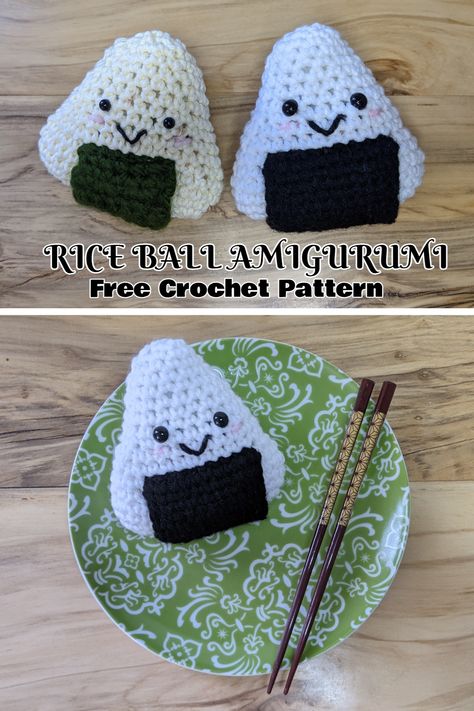 “Itadakimasu!” Let’s eat! If you’re a fan of Japanese cuisine, you’ll love this little soft crochet plush of “onigiri,” or rice ball. This is a free pattern published on GeekOutYarnCreations, a blog filled with nerdy crochet patterns. Crochet Spam Musubi Free Pattern, Crochet Food With Faces, Onigiri Crochet Pattern Free, Sushi Amigurumi Free Pattern, Crochet Bao Dumpling Free Pattern, Sushi Crochet Pattern Free, Crochet Sushi Pattern Free, Crochet Onigiri, Arigami Crochet