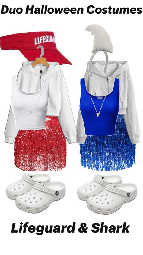 Lifeguard Halloween, Lifeguard Outfit, Halloween Costumes Duo, Lifeguard Costume, Shark Halloween Costume, Shark Costumes, Duo Costumes, Trio Halloween Costumes, Pretty Halloween Costumes