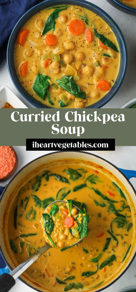 #ad This curried chickpea soup is cozy and delicious, loaded with flavorful spices like ginger, turmeric, and curry powder. Made with red lentils and creamy coconut milk, this soup is so tasty! I’m partnering with Patient First to help you add healthy spices to your meals! Turmeric Soups, Vegan Curry Soup, Ayurvedic Soup Recipes, Turmeric Chickpeas, Curried Chickpea Soup, Autumn Vegetable Soup, Recipes With Ginger, Carrot Ginger Curry Soup, Curry Coconut Soup