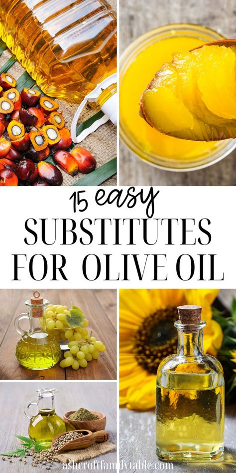 Pinterest graphic with text and collage of ingredients used to substitute for olive oil. Substitute For Olive Oil, Olive Oil Substitute, Oil Substitute, Baking Substitutes, Food Substitutions, Family Table, Evaporated Milk, Salad Dressings, Italian Seasoning