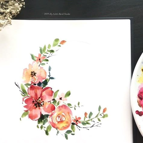 Flower Wreath Drawing Watercolour, Watercolour Floral Wreath, Watercolour Wreath Floral, Circle Flower Painting, Watercolour Flower Wreath, Flower Wreath Painting, Floral Wreath Painting, Flower Wreath Drawing, Watercolor Wreath Floral