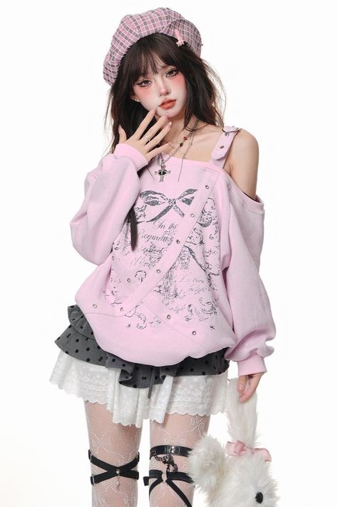 Korean Fits, Clothing Pieces, Kawaii Fashion Outfits, Poses Reference, Asymmetrical Neckline, Cross Design, Pattern Sweater, Pink Outfits