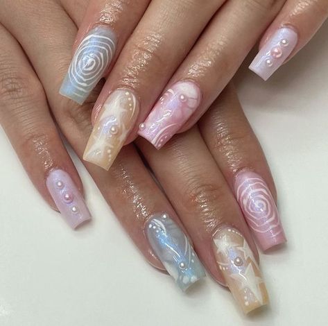 90s Prom Nails, Korean Style Nails Art, 2010s Nails, Seaglass Nails, Gel Nails With Rhinestones, Mermaid Core Nails, Kawaii Nails Acrylic, Korean Glass Nails, Jellyfish Nails