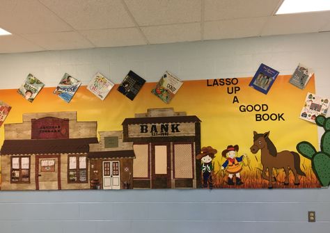 Western Bulletin Board Western Theme Bulletin Board Ideas, Western Bulletin Board Ideas, Western Bulletin Boards, Cowboy Vbs, Western Classroom Theme, Train Vbs, Western Classroom, Ag Classroom, Puzzle Theme