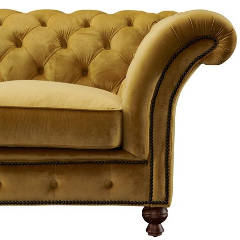 Peyton Sloped Arm Chesterfield Arm Chair - Yellow Velvet - Crafters and Weavers Small Scale Sofa, Chesterfield Sofa Living Room, Chesterfield Living Room, Chesterfield Couch, Button Tufted Sofa, Velvet Chesterfield Sofa, Yellow Couch, Fancy Chair, Leather Chesterfield Sofa