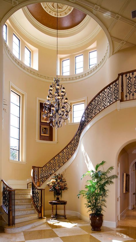 Big Staircase, Stairs Tiles Design, Big Cottages, Luxury Staircase, Wrought Iron Staircase, House Plans Mansion, Minds Eye, Wedding Stories, Curved Staircase