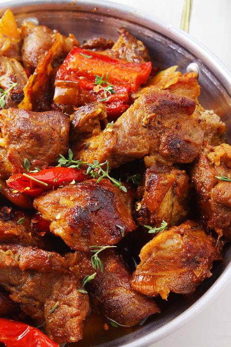 GREEK PORK CHUNKS – TIGANIA - 30 days of Greek food Greek Main Dishes Meat, Greek Pork Loin Recipes, Pork Chunks, Greek Pork Recipes, Greek Pulled Pork, Greek Pork Stew Recipes, Pork Chunks Recipes, Greek Pork, Greek Roast Pork