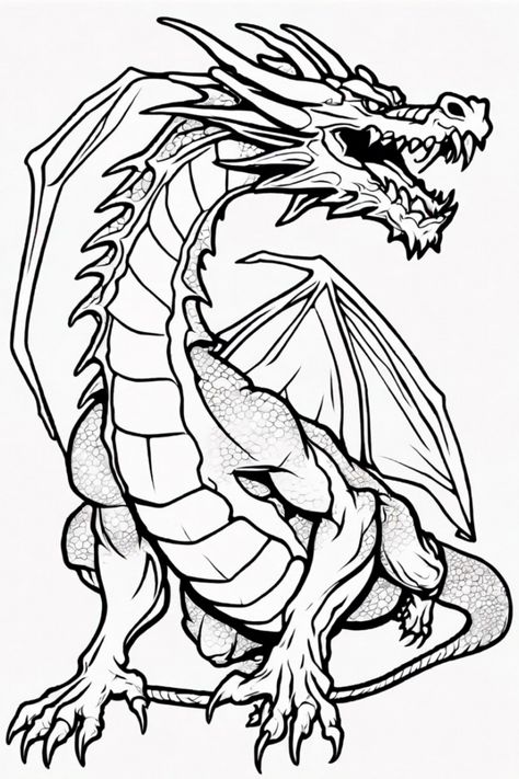 Get ready for an exciting coloring journey with a fierce dragon roaring in great detail! Unleash your creativity as you color this majestic dragon with sharp claws and big wings. Perfect for dragon lovers and coloring enthusiasts! Perched Dragon, Coloring Pages Dragon, Dragon Printable Coloring Pages, Dragon Free Coloring Pages, Simple Dragon Coloring Page, Dragon Clipart Black And White, Forest Coloring Pages, Easy Dragon Drawings, Castle Coloring Page