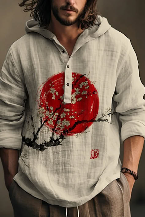 Sadly, we are closing Japanese Art collection. Last chance, everything up to 49% off! Shop Now👉👉👉 Vintage Floral Top, Printed Shirts Men, Men Fashion Casual Shirts, Men Fashion Casual, Plum Blossom, Hooded Shirt, Hawaiian Style, Red Shorts, Printed Sleeves