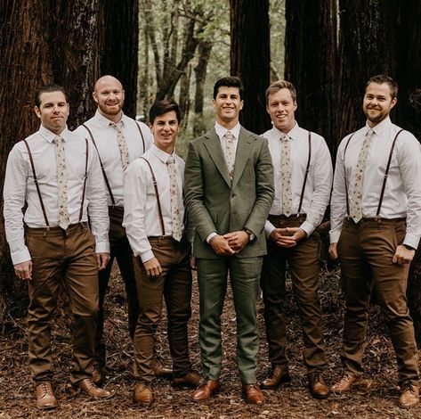 Eclectic Groom Attire, Woodland Groomsmen Attire, Boho Rustic Groomsmen Attire, Romantic Groom Attire, Rustic Boho Groom Attire, Green Suit Brown Shoes, September Wedding Groomsmen Groom Attire, Groom Attire Forest Wedding, Green Groom Brown Groomsmen