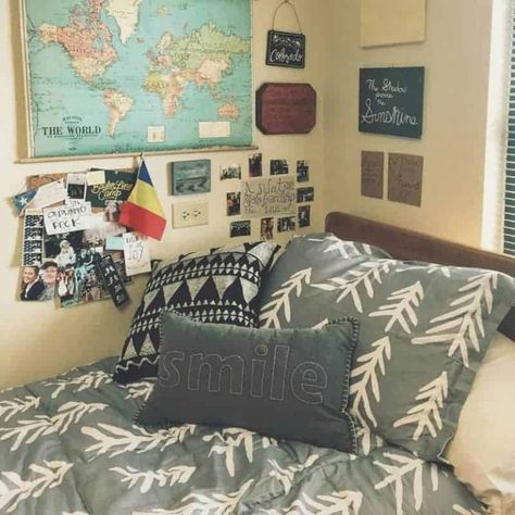 "Cozy" rooms are almost universally loved by all. And for good reason! Get inspired by checking out these 20 cozy dorm room ideas when you need inspiration for creating your own at college! #college #collegelife #dorm #dormroom #student #studentlife Travel Room Decor, Travel Themed Bedroom, Dorm Room Themes, Travel Themed Room, Travel Room, Cozy Dorm Room, Dorm Room Wall Decor, Dorm Room Diy, Dorm Room Walls