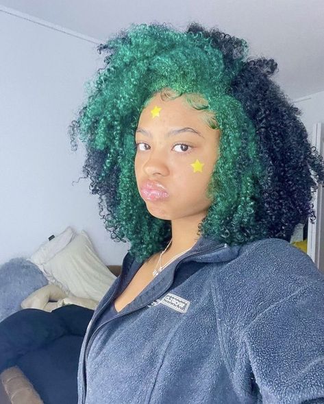 Blue Highlights Natural Hair Black Women, African American Dyed Hair, Green Skunk Stripe Curly Hair, Hair Color Ideas For Black Women Curly, Hair Dye Combo Ideas, Colorful 4c Hair, Dark Green Natural Hair Black Women, Parts To Dye Your Hair, Blue Hair Styles For Black Women