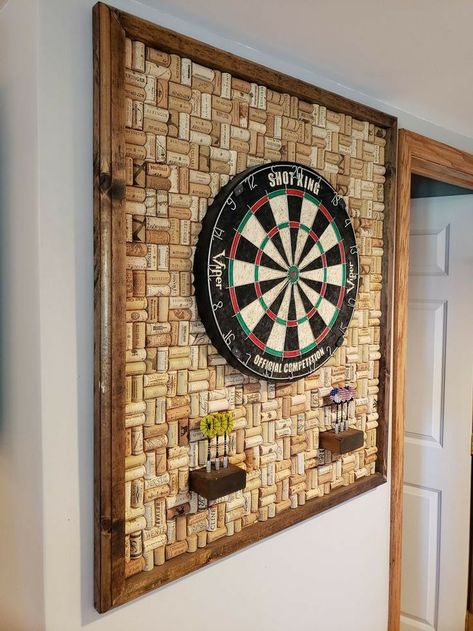 Cork Dartboard Backboard, Dartboard Backboard, Wine Cork Wall Decor, Attic Lounge, Cork Dartboard, Corks Crafts, Darts Board, Dart Board Wall, Snooker Room