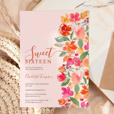 Boho burnt orange earth tone floral chic sweet 16 invitation Teenage Birthday Party, Summer Birthday Invitations, Sweet Sixteen Birthday Invitations, 16 Invitations, Sweet 16 Birthday Party, Sweet Sixteen Birthday, Sweet 16 Invitations, Rose Orange, Floral Party