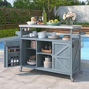 GOAWGO Outdoor Rolling Kitchen Island Outdoor Bar Cart with Storage Cabinet Farmhouse Solid Wood Outdoor Grill Table with Stainless Steel Top, Spice Rack,Towel Rack for Kitchen & BBQ (Grey Blue) Hosting Backyard, Drinks Glasses, Table Grill, Grill Cart, Rolling Bar Cart, Island Cart, Grill Table, Rolling Kitchen Island, Solid Wood Kitchens