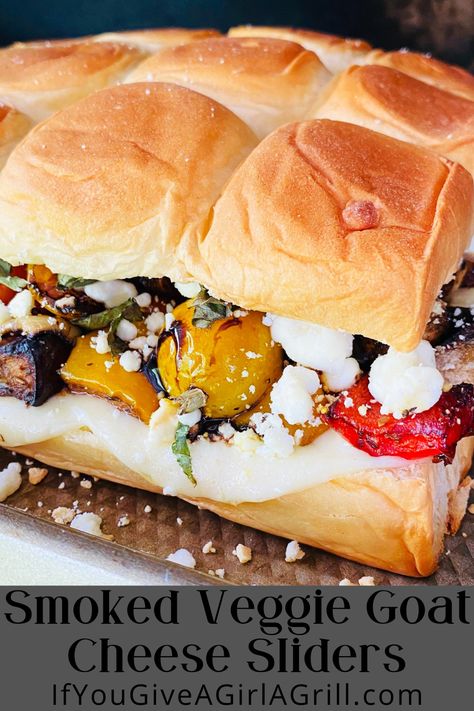 veggie sliders on the smoker Goat Cheese Sliders, Vegetarian Hawaiian Roll Sliders, Veggie Sliders Hawaiian Rolls, Vegetarian Sliders Hawaiian Rolls, Vegetarian Smoker Recipes, Smoked Veggies In Smoker, Vegetable Sliders, Vegetarian Sliders, Smoker Meals