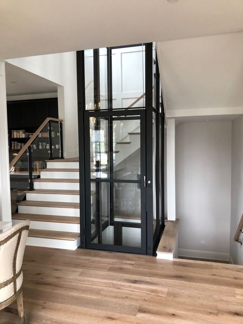 Modern House With Elevator, Elevator Designs For House, Indoor Elevator Home, Stairs With Elevator Design, In House Elevator, Home Escalator, Stairs With Elevator, Glass Elevator Design Interiors, Lift In House