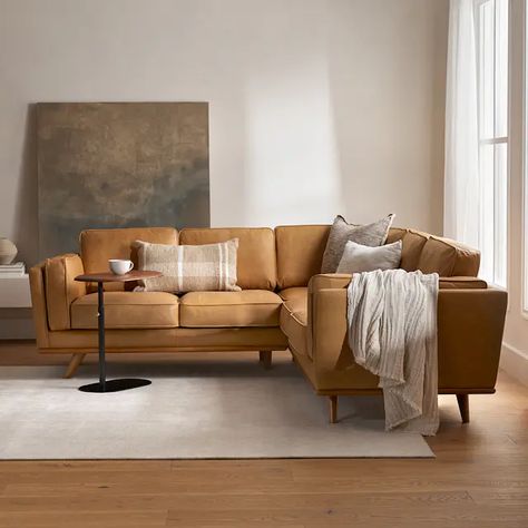 Timber Collection | Article Camel Color Sofa With Chaise, White Sofa Cognac Chairs, Caramel Leather Sofa Living Rooms Modern, Caramel Leather Sofa Living Rooms Cozy, Coastal Living Rooms With Cognac Leather Sofas, Leather Sofa Corner, Camel Sofa And Rug, Modern Living Room With Camel Leather Sofa, Corner Tan Sofa