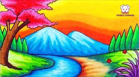 Beautiful Scenery Drawing, Landscape Drawing Easy, Easy Scenery, Scenery Drawing For Kids, Easy Scenery Drawing, Drawing Sunset, Oil Pastel Drawings Easy, Drawing Scenery, Frozen Wallpaper