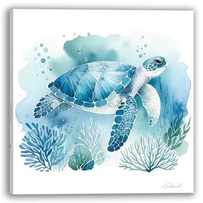 This exquisite piece captures the essence of the sea with its calming shades of blue and the graceful silhouette of a sea turtle in its natural habitat. The watercolor style lends a softness that is both soothing and invigorating, ideal for creating a serene atmosphere in any room. Overall Size: 40" H x 40" W x 1.5" D | Winston Porter Aqua Voyage of the Gentle Sea Turtle - Wrapped Canvas Print Metal in Blue / White | 40 H x 40 W x 1.5 D in | Wayfair | Home Decor Sea Creatures Nursery, Sea Turtle Watercolor Painting, Sea Turtle Artwork, Sea Turtle Watercolor, Sea Turtle Painting, Turtle Watercolor, Calm Art, Sea Turtle Art, Marine Painting