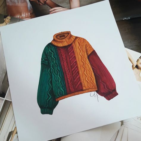 Its a combine of three color red, yellow and green, Its colorfull jacket. Basic Illustration Fashion Sketches, How To Draw Sweaters Texture, Sweater Pattern Drawing, Knitwear Drawing, Sweater Illustration, Surface Embellishment, Accessories Design Sketch, Fashion Sketchbook Inspiration, Draw Color